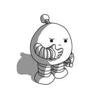 A rounded robot with banded arms and legs and an antenna, stroking its chin and appearing to be deep in thought.
