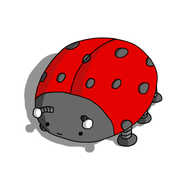 A robot ladybird. It has banded legs on its underside, a spotted red shell with a central partition and a dark grey face with two antenna that have white bobbles on the end.