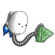 A round topped robot held aloft by a little jetpack on its back with is emitting blue exhaust flames. Emerging from its underside is a long, banded limb with a grabber claw on the end that is holding a triangular chocolate wrapped in green foil. The robot is looking at the chocolate in wonder.