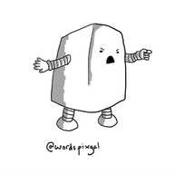 An angry, cuboid robot, pointing and yelling as it steps forward.
