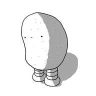 A robot in the form of a potato, with banded legs and a neutral expression on its face.