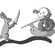 A spherical robot with banded arms and legs, riding on the back of a stylised snail and wielding a lance as it angrily charges forward. Opposing it is a stylised rabbit or hair, brandishing a curved sword. They all stand on a vague, curving ribbon.