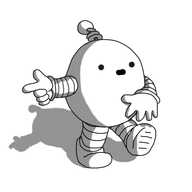 An ovoid robot with banded arms and legs and a coiled antenna. It's pointing at something out of frame and its mouth is open as if explaining something.