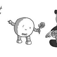 A round robot with a bowtie, giving a rose to a female panda who already has a heart-shaped box of chocolates in her paws. It's pointing backwards with its free hand at a male panda sitting in a bamboo thicket, obviously munching a stalk.