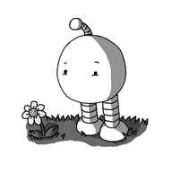 A spherical robot with banded legs and an antenna, no mouth but a very cheerful expression. It's looking down at a flower that's growing strongly in the grass.