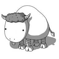 A robot in the form of a bison with a separate overlarge head topped with curly hair and banded horns. Its looking blankly and sticking out its tongue. It has four banded legs on its humped body, with little cloven feet, and a banded tail with a tapered tip.