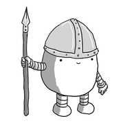 A rounded robot with banded arms and legs, standing to attention with a spear in one hand. It's wearing a conical, riveted pot helm that is slightly oversized.