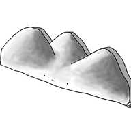 A robot in the form of a flat cut-out of three rounded hills. It has little tracks on either end and a smiling face low down in the middle of its length. The hills are shaded with a soft gradient.