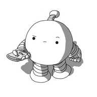 A spherical robot with banded arms and legs and an antenna, looking at a phone in its hand that reads "02 MAR" with a raised eyebrow and an expression of confusion or possibly dismay.