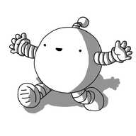 A spherical robot with banded arms and legs, smiling inanely and racing along with its arms extended.