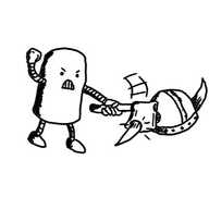 A very angry cylindrical robot using an axe to remove a horn from a classic horned Viking helmet.