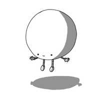 A spherical robot floating a little way off the ground, with thin banded legs hanging beneath it and little outstretched arms. It's gently smiling face is at the very bottom of its body, emphasising the largeness of its cranium.