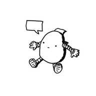 An ovoid robot with banded arms and legs, a blank expression and an open panel on its back. An empty speech bubble is coming from its mouth.