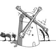 A large, tapered robot with a rounded top - basically a windmill - with a little door and a couple of windows on its front. Its smiling face is on the rounded top section, along with a short projection to which is attached a cruciform arrangement of banded arms that are spinning around rapidly. In the background are a number of trees being heavily buffeted by the wind.