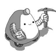 A smiling, rounded-trapezoid-shaped robot with four wheels on its underside and two banded arms. It has a little lamp on its top, a pick axe in one hand and a phone in the other. The phone's screen is displaying a logo for a website called "The Bait", with some lines of text beneath it.