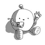 A happy round robot with banded arms and legs, sitting on the ground looking at its watch as it holds up its other hand, apparently counting down with its fingers.