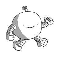 A spherical robot with banded arms and legs, walking along with a big smile on its face. It's giving a thumbs-up with one hand and has an antenna with a little plus symbol on it.