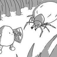 A tiny robot with a sword and shield facing down a swollen tick in a forest of hair.