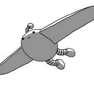 An ovoid robot with banded legs and an antenna and large, round-ended wings in place of arms. It's pictured from below, with its lower surface in shadow, gliding happily through the air.
