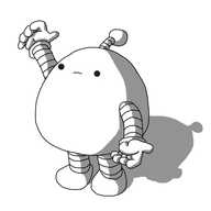 A bulbous robot with banded arms and legs and an antenna holding its hands apart as if demonstrating something's height. It looks rather unsure of itself.