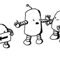 A rounded, cylindrical robot with banded arms and legs and a small antenna on its top. It's standing between an angry-looking Spiderbot and Bugbot. Spiderbot is holding its sign, pointing meaningfully at the arrow, while Bugbot holds out a spider. Conflictbot is holding up a finger to Spiderbot and a hand to Bugbot, while saying something with an imploring look on its face.