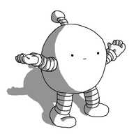 A round robot with banded arms and legs and an antenna, shrugging and smiling faintly.