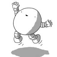 A happy, spherical robot with short, banded arms and legs, jumping up into the air with one hand held aloft.