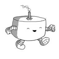A squat, cylindrical robot with banded arms and legs and a small birthday candle on the top, cheerily strutting to the party.