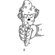A robot in the form of an ice-cream cone clutched in a child's hand. It has a full serving on its top, but the ice-cream is starting to melt, dripping down its side. Its face is panic-stricken as it uses its two small arms to hold its ice-cream in place.