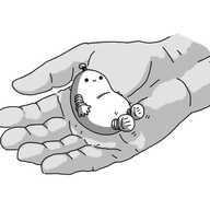 A cupped person's hand with a little bean shaped robot nestling inside it. It has banded arms and legs and an antenna. It's smiling and its legs are waggling back and forth.