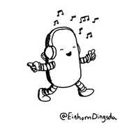 A rounded, cylindrical robot wearing a pair of headphones with musical notes surrounding them. It's dancing along with its eyes closed and a big smile on its face, pointing with both hands.