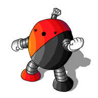 An ovoid robot with banded arms and legs. Its body is divided diagonally, with one side in red and the other in black, and one foot in each colour. Its fists are clenched and it's stepping forward, bellowing angrily. It has an antenna with another clenched fist on the end.