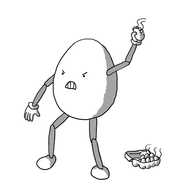 An egg-shaped robot with joined arms and legs and a very angry face throwing an egg with smell lines coming from it. On the ground next to it is a carton of eggs that also smell.