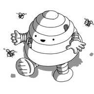 A robot in the form of a conical, cartoon beehive with banded arms and legs. It has a couple of entrances and three bees are buzzing around it, while another looks out from inside.