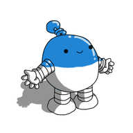 A round robot with banded arms and legs and a coiled antenna. It's smiling and holding out its arms, while its top half is coloured a reflective blue.
