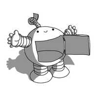 A smiling, spherical robot with banded arms and legs. It has a hinged door on its front, open to reveal its empty interior. It has an antenna whose bobble has an identical, smaller door on it, again revealing an empty interior.
