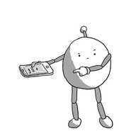 A round robot with jointed arms and legs, holding a mobile phone with a search bar displayed, pointing to the phone while cocking a sardonic eyebrow.