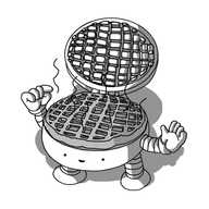 A robot in the form of a round waffle iron with banded arms and legs. Its face and limbs are on the base section, and the lid is open, revealing a freshly-cooked waffle, to which its pointing.