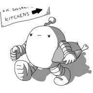 A round robot with banded arms and legs and a zigzag antenna. It has a cooked chicken or turkey tucked under one arm and is striding along with a determined expression on its face. On the wall just above it is a sign pointing in the direction it's come from labelled "H.M. GOVERNMENT KITCHENS".