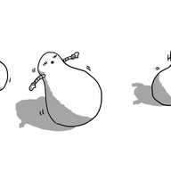 Five pear-shaped robots blanced precariously on their rounded bottoms. Their faces are at the narrow end and they each have a pair of banded arms sticking out just above their 'waists'. They are in various states of distress as they lean at extreme angles, waving their arms in an attempt to right themselves.