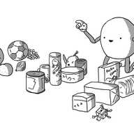 A smiling, ovoid robot with jointed arms and legs counting off three groups of objects. One is spheres (grapes, a football, an onion, an orange and Mondaybot). The next is cylinders (a can, a tube of parabola-shaped chips with a mustachioed Bigbot logo, a tub, a drinks can, Teabot and Onionbot). The last is cuboids (a box of tea, a loaf of bread, another box, cereal and a taped-down Mischiefbot).