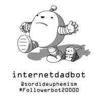 An ovoid robot with a belly, banded arms and legs and an antenna, walking along and smiling. A Teabot is next to it, with "World's Best Internet Dad" written on its front.