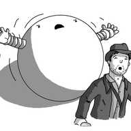 A large, spherical robot with banded arms, angrily rolling towards a fleeing person in a fedora, leather jacket and rumpled shirt.