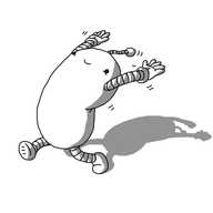 A rounded, bean-shaped robot, bent slightly at the waist (even though it doesn't have a waist, exactly). It has banded arms and legs and an antenna, and is running along, its arms up in the air, bent backwards and smiling. Motion lines indicate its arms and antenna are waving around as it runs.