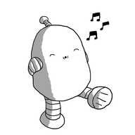 A round-topped robot with banded arms and legs and an antenna, walking along with its hands folded behind its back, whistling contentedly with its eyes closed.