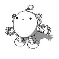 A round robot with banded arms and legs and a zigzag antenna. It has human ears attached to its sides and looks pretty happy about it.