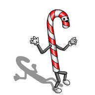 A robot in the form of a red- and white-striped candy cane, with jointed arms and legs and a smiley face on the topmost curved section.