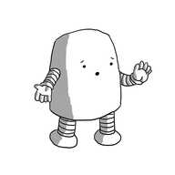 A rounded, rectangular robot with banded arms and legs, holding up one hand and gesturing with the other as if explaining something. Its facial expression looks concerned and apologetic.