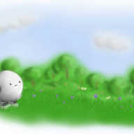 A full-colour art piece, depicting a small round robot in a grassy meadow, watching butterflies flit around some purple flowers. In the background are trees and bushes, and a pale blue sky with a couple of clouds hangs overhead.