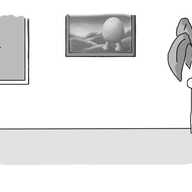 An empty room. There's a window on the left, a potted plant on a small end table on the right, and in the centre hangs a picture of Bigbot at sunset.